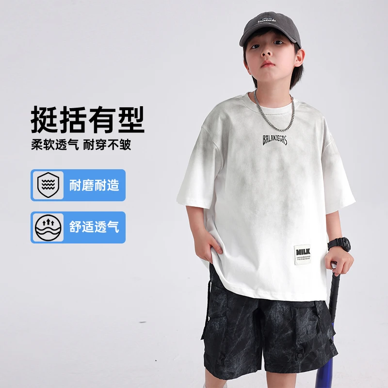 男童夏季潮牌做旧重工短袖T恤2025新款儿童夏装半袖宽松上衣5270