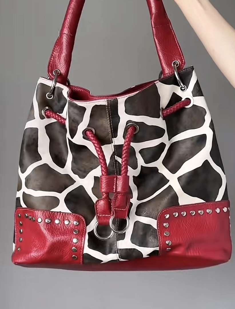 扣式简约风法式水桶水桶包手提包单肩红色手拿包手包