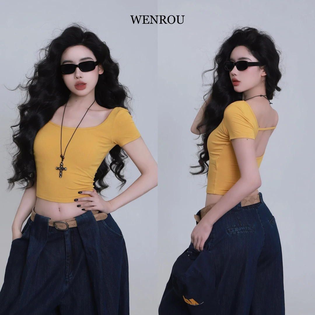 【618现货5折】U领修身舒适百搭露背小心机多色上衣T恤 90124