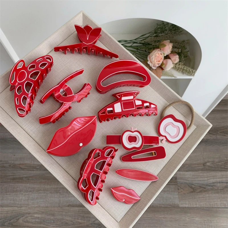 喜庆红色情人节婚礼抓夹醋酸发抓发绳边夹新款发饰新年国风鲨鱼夹