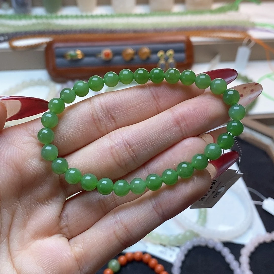 和田玉手链未镶嵌苹果绿卡六