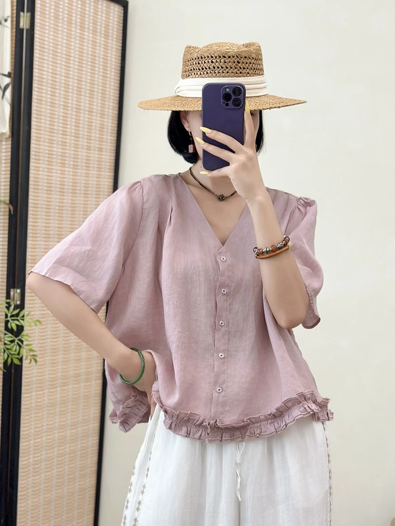 安琪家 2025夏季新款纯苎麻v领开衫灯笼袖下摆花边小衫948