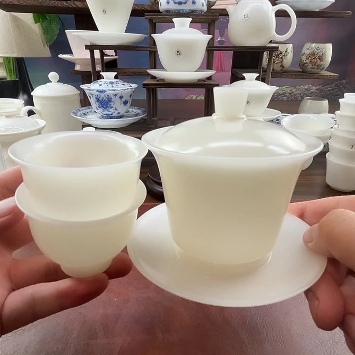 隐唐窑/精工璞玉素烧自生釉150ml马蹄盖碗送2杯