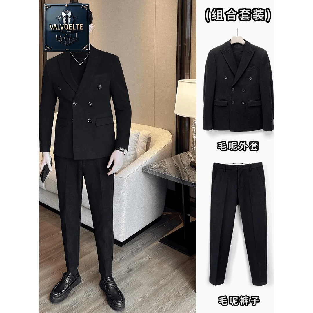 二件套西装男星空呢戗驳领西服韩版加厚毛呢西装外套男修身双排扣