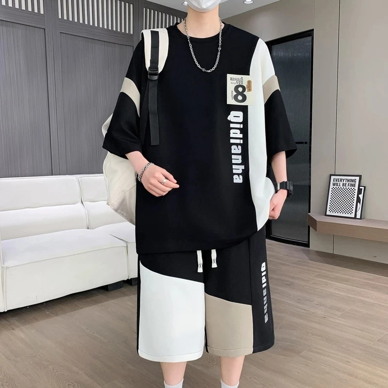 休闲夏季男孩套装多巴胺配色一套宽松学生青少年短袖短裤短袖套装