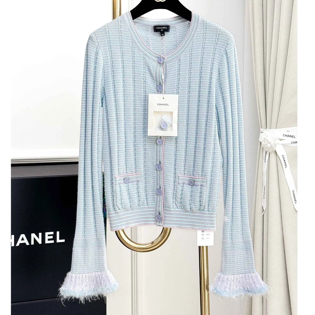 99新 Chanel/香奈儿 34码25B浅蓝拼紫条纹针织毛绒喇叭袖开衫外套