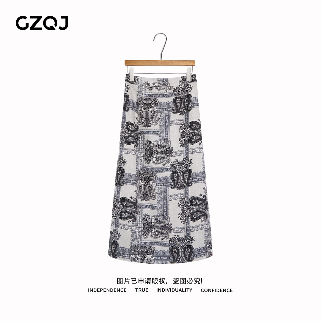 广州琴姐【佩斯利诗】欧若风天丝亚麻复古印花显瘦半身裙夏季 75792