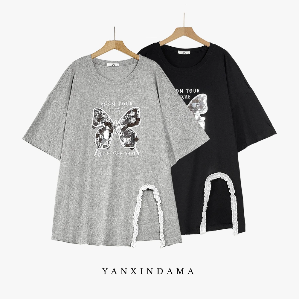 大码女装300斤胖MM夏季设计感甜美风亮片拼接蕾丝短袖T恤66388