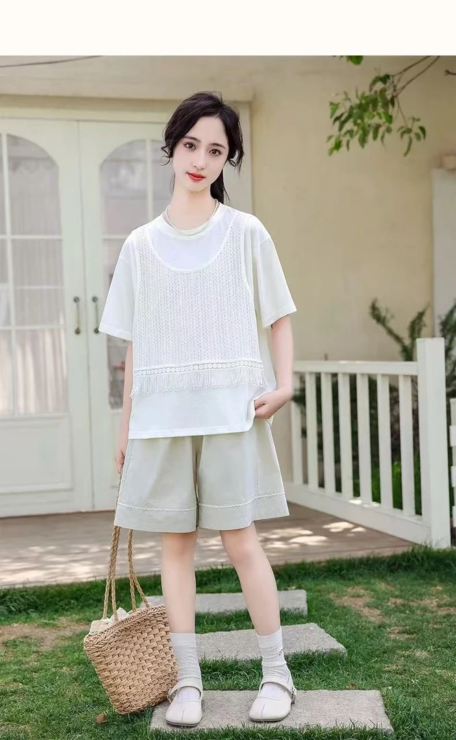 8543 夏款两件套假两件上衣花边短裤