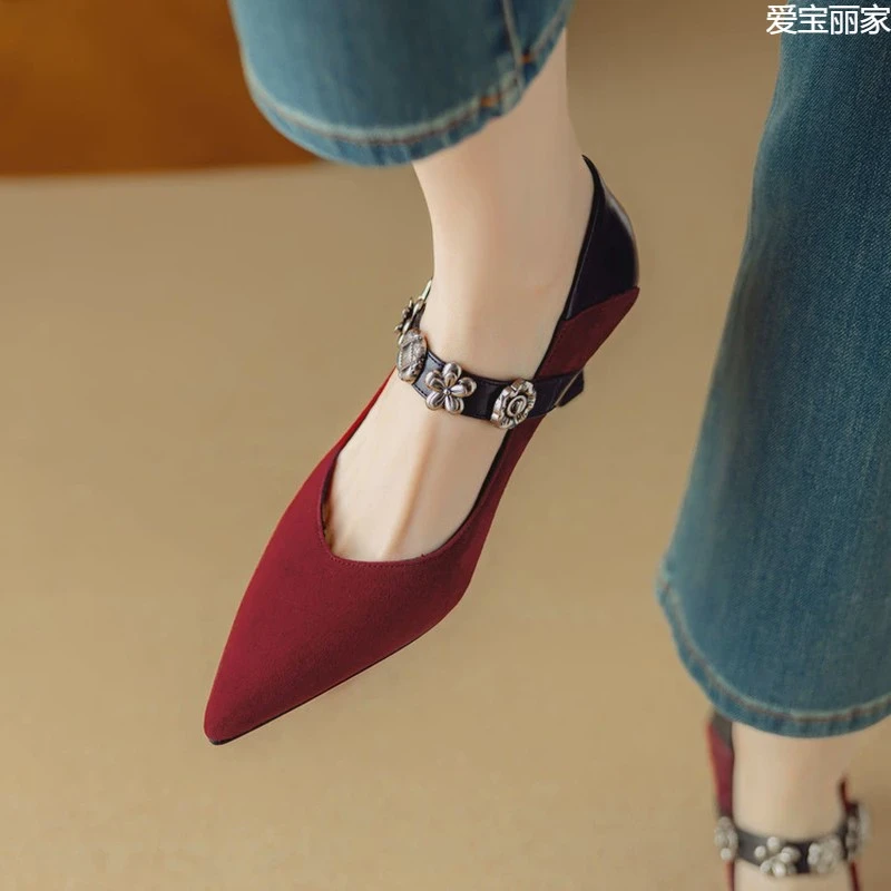 7厘米细跟~手工制作真皮单鞋女高跟鞋尖头一字带金属扣百搭拼色40