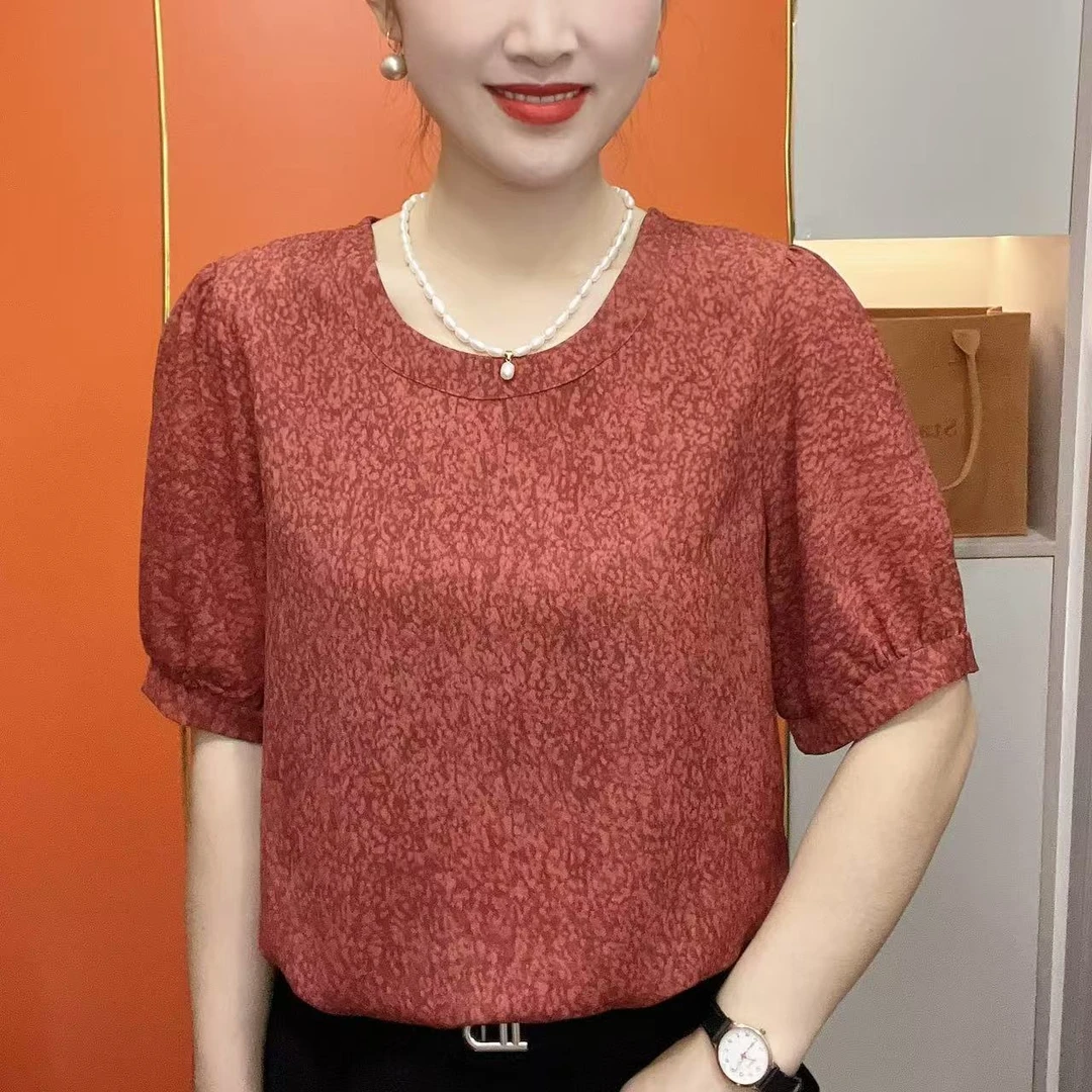 2025新款妈妈装时尚百搭宽松休闲洋气圆领短袖上衣3639
