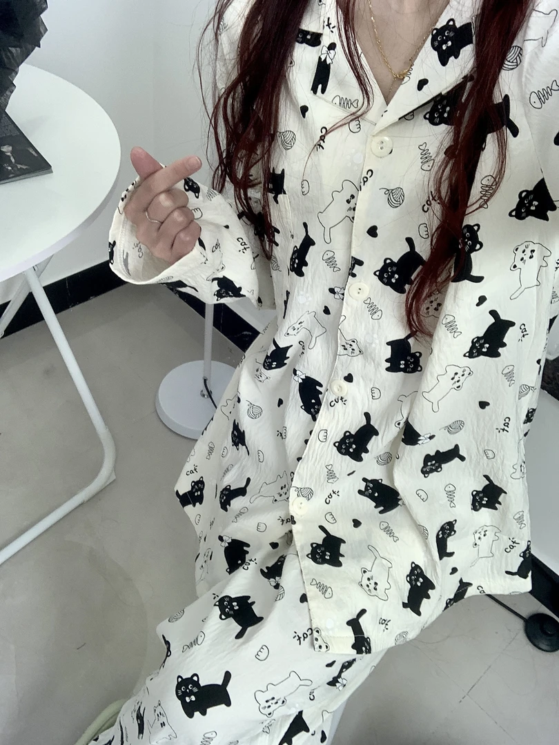 黑白猫咪睡衣女款爆款2025新款春秋季云朵棉卡通可爱家居服套装夏