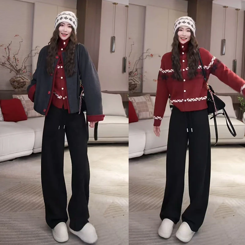 2025秋冬新款女装韩版漂亮套装高领针织上衣宽松外套休闲裤三件套