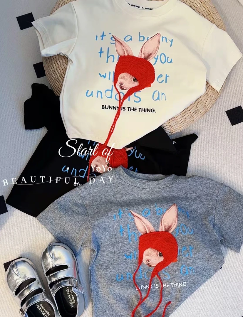 2025年亲子夏季时尚百搭休闲卡通兔头小红帽印花短袖T恤女上衣