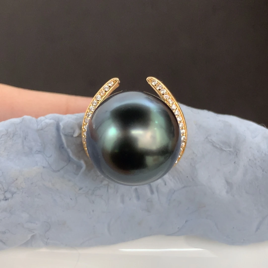 定制海水珍珠银S925镶嵌吊坠(不含链)大溪地蓝紫光13mm正圆无瑕