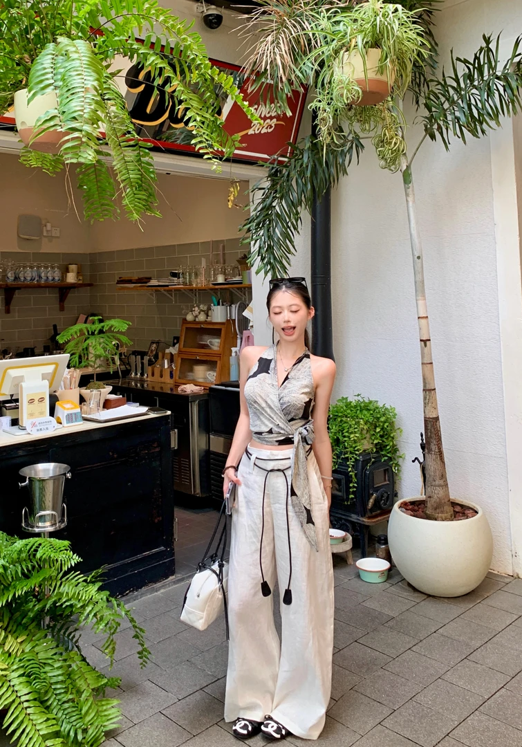 2025夏季收腰图案V领侧打结上衣背心+亚麻阔腿裤长裤百搭休闲裤