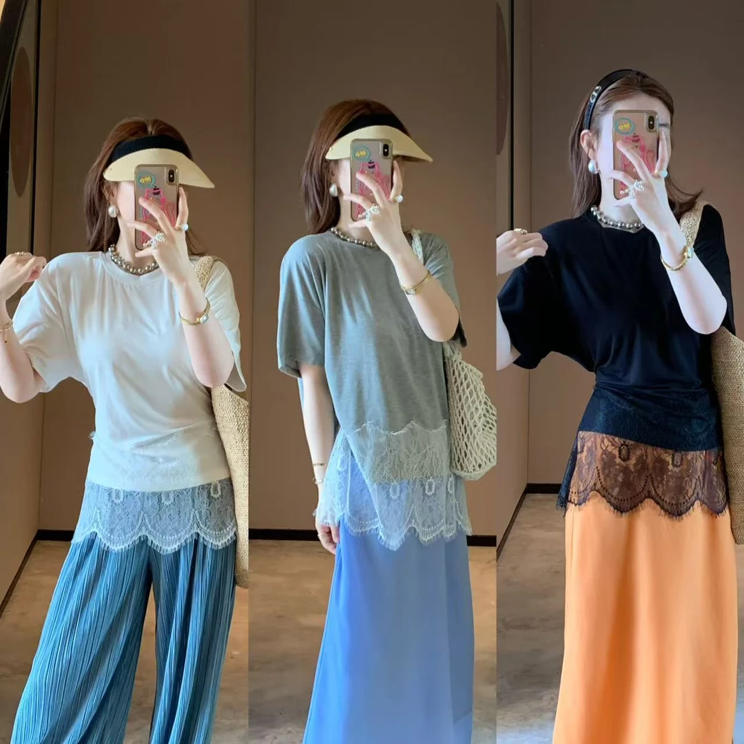 通勤休闲拼接蕾丝短袖圆领宽松T恤 小心机挂钩收腰夏季落肩袖上衣