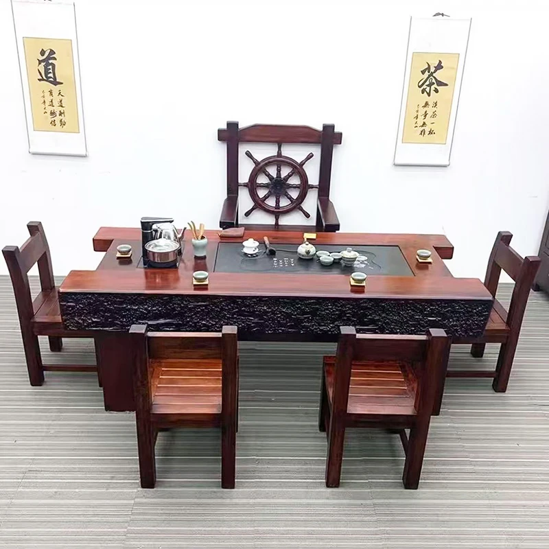 老船木茶桌椅组合全实木茶桌烧水壶一体茶台古典办公茶台客厅家用