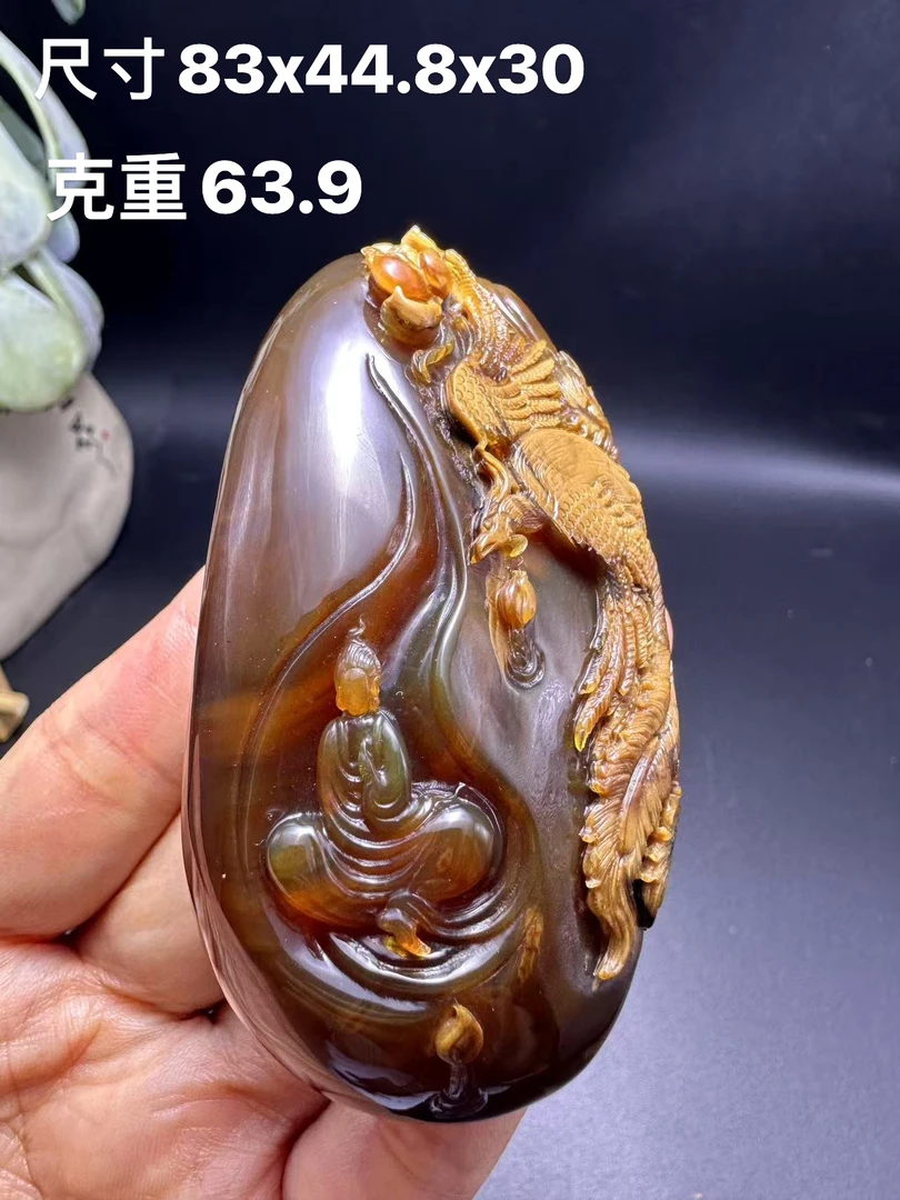 缅甸天然琥珀大师工血蜜溶洞雕刻件丹凰朝圣挂件吊坠