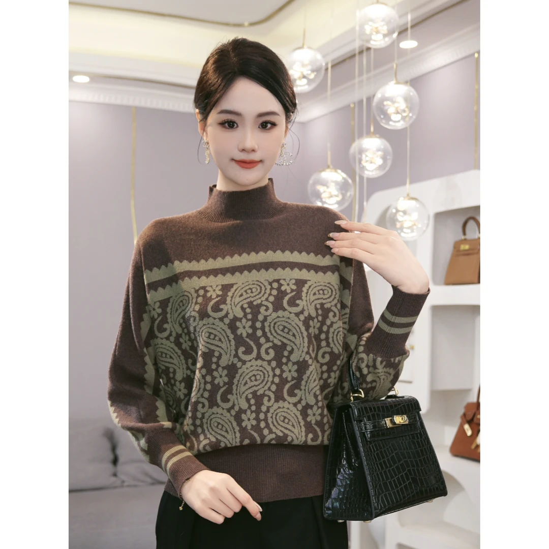 2025秋冬新款【LT-D936】含绵羊毛时尚慵懒风提花设计咖绿色针织衫
