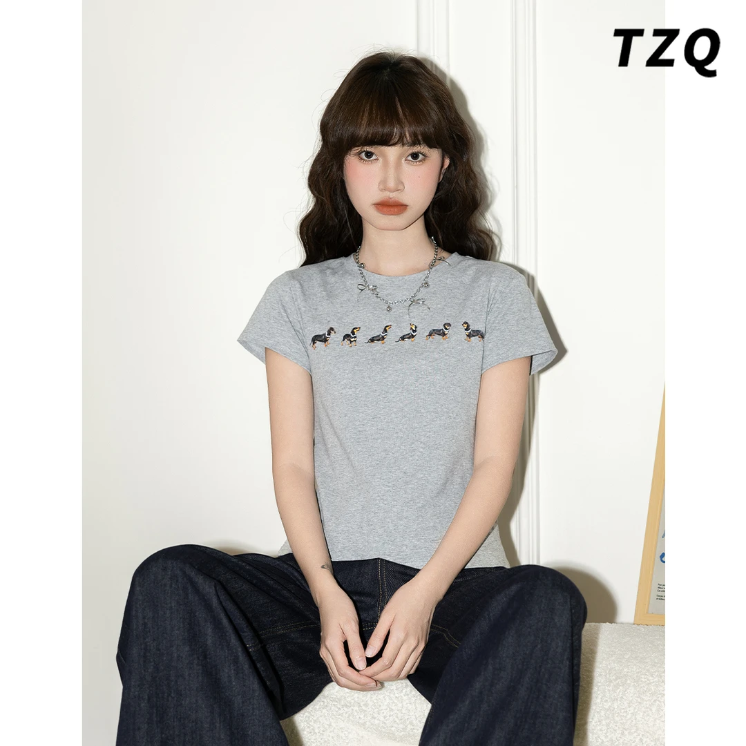 韩系高级灰小狗印花短袖T恤夏季新款宽松简约女装上衣TZQ2533136