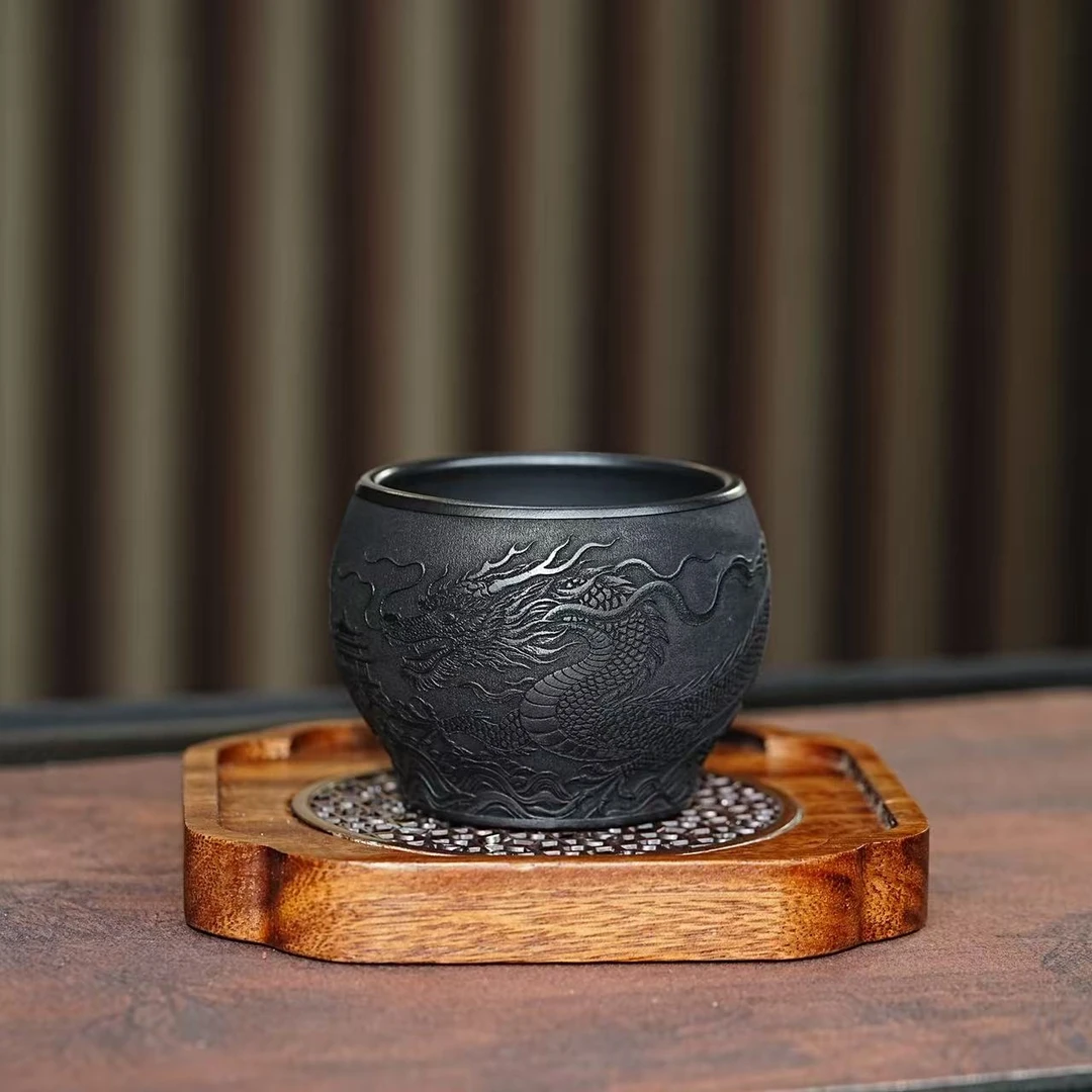 宜兴原矿紫砂石黄全手工刻绘龙腾盛世主人杯高端品茗杯