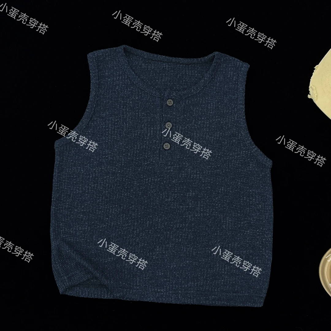 【小蛋壳】儿童夏季新款韩版百搭透气复古宽松三粒扣纯色无袖背心