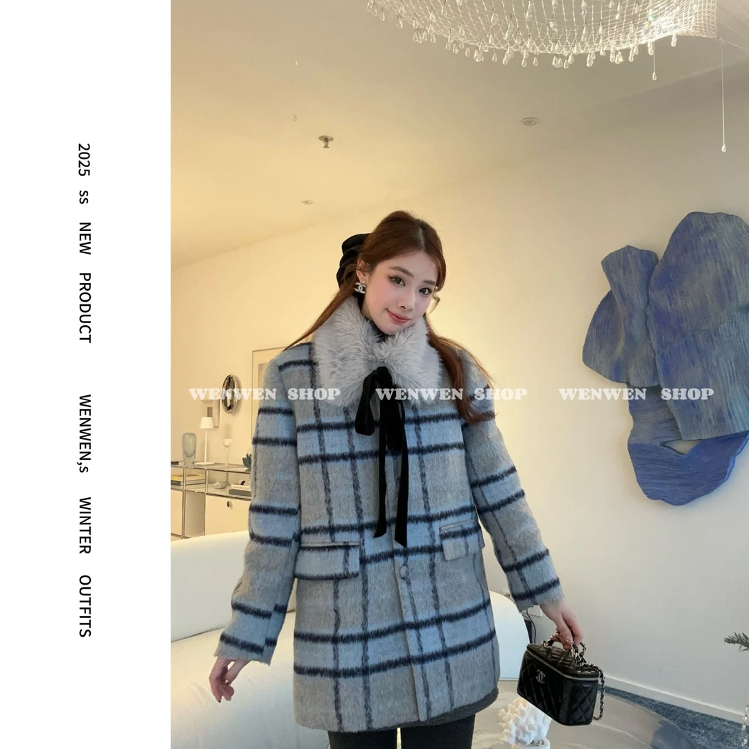 【小闻定制】冬季新款韩系设计感毛毛领加厚格纹羽绒外套2580154