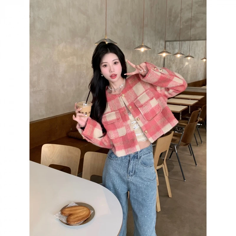 长袖格子复古短外套慵懒风春秋韩版小香风宽松秋季短款格纹