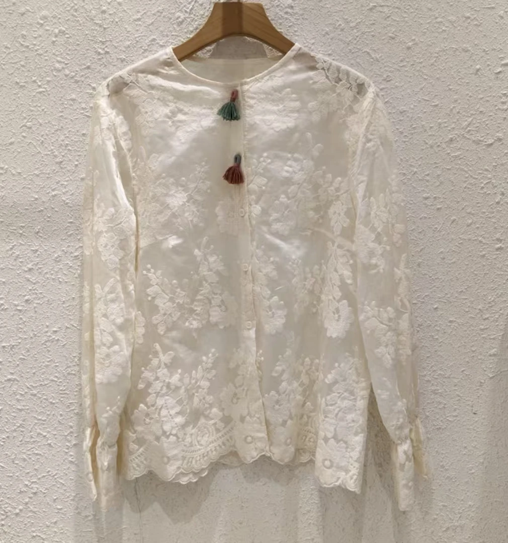 【芊朵专属】C1975新中式国风2025新款爆款蕾丝刺绣提花长袖上衣