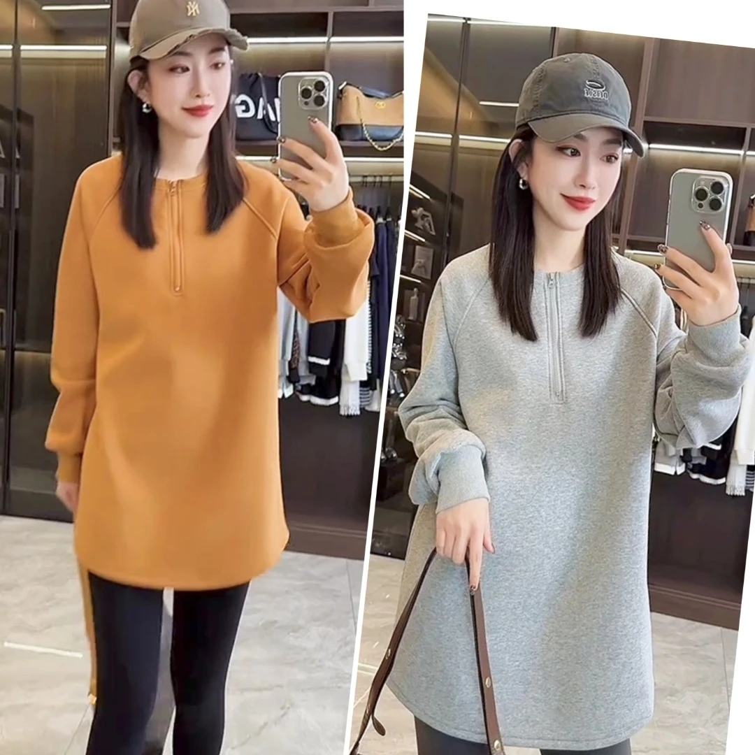 拼接纯色中长款卫衣圆领休闲拉链洋气百搭休闲时尚套头设计打底