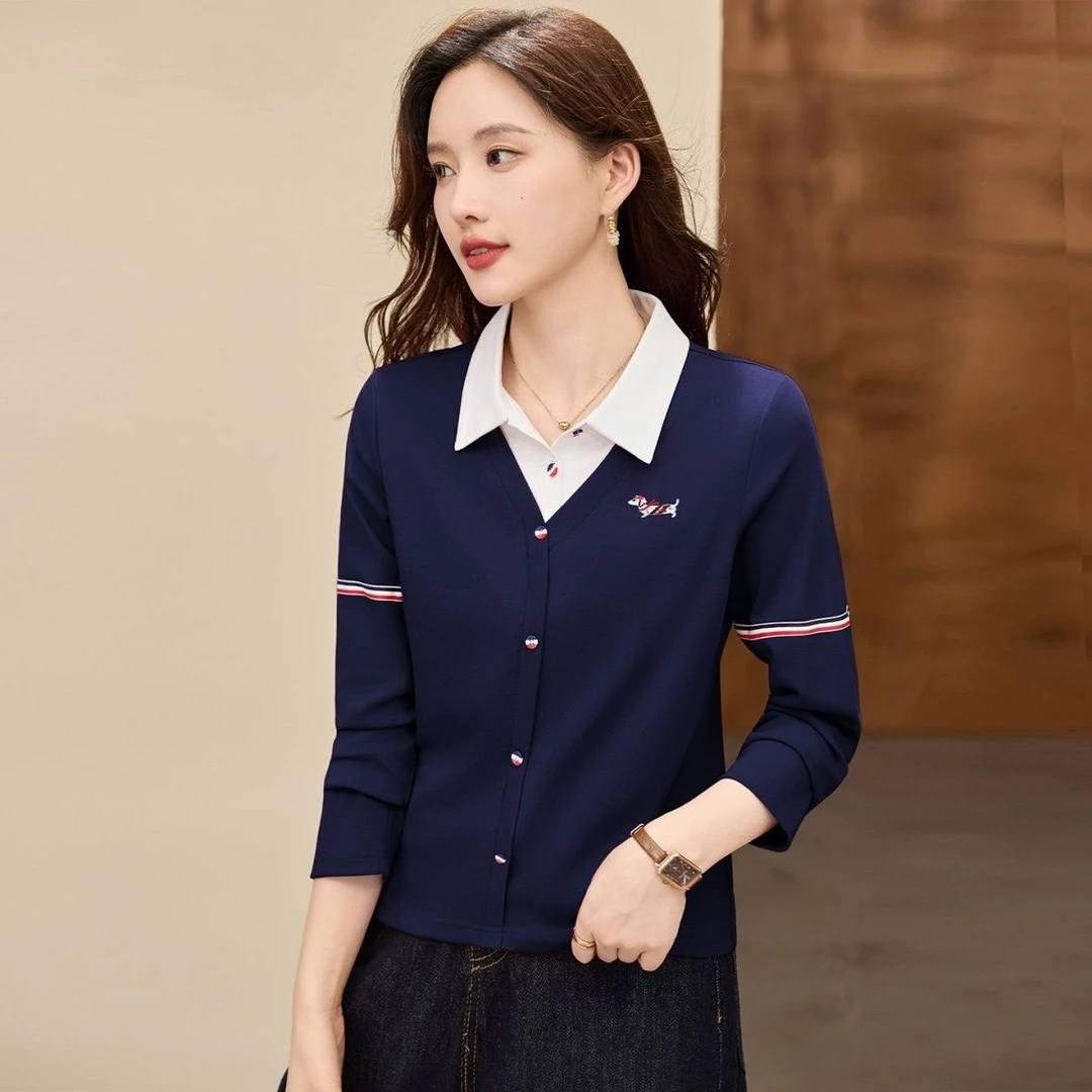 秋季新款百搭衬衣领假两件长袖上衣女遮肉显瘦打底衫外穿气质款