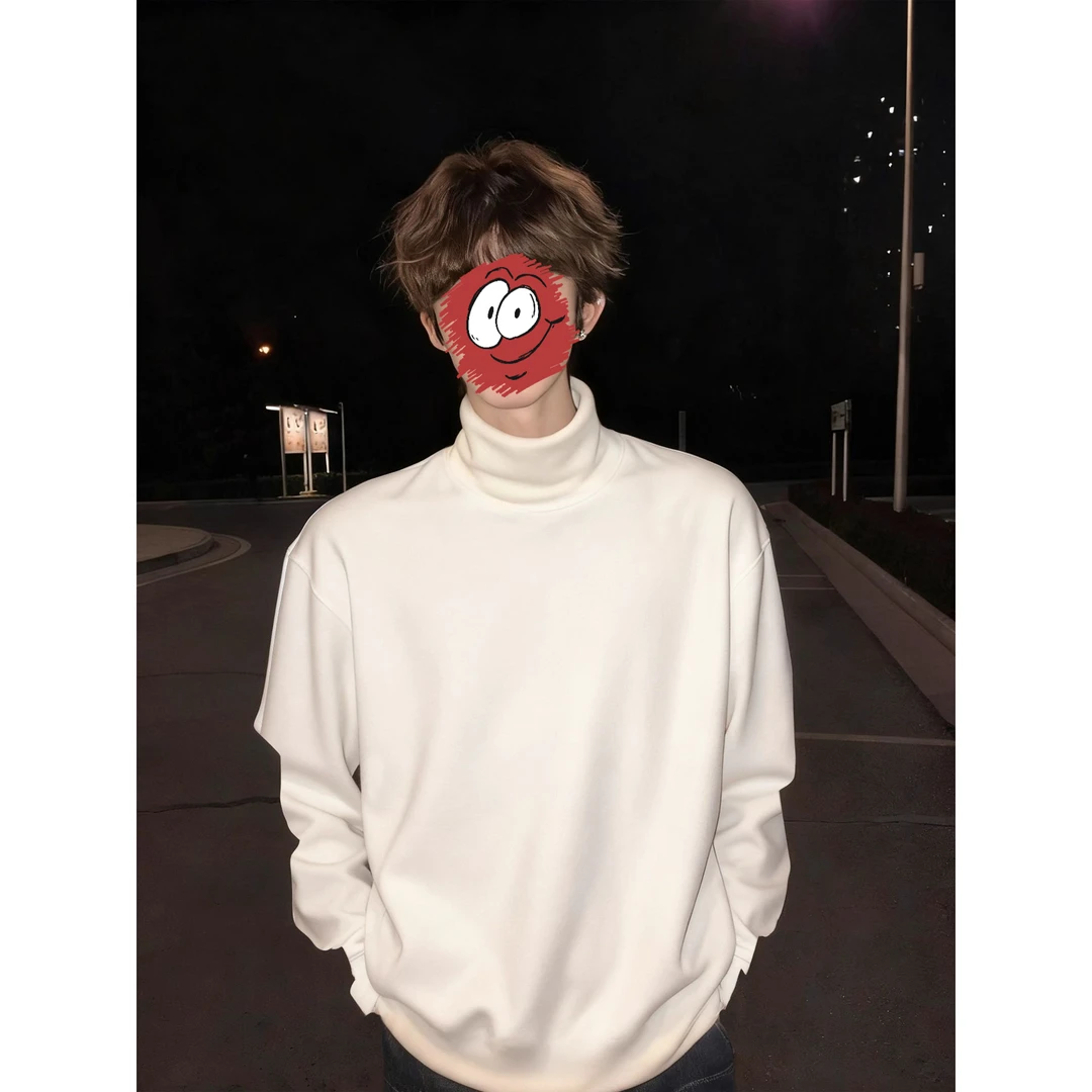 白色半高领德绒打底衫男款秋冬季休闲厚长袖内搭男生早秋穿搭上衣