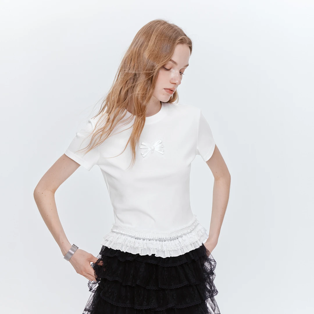 MISS COCOON可可尼白色棉T恤女2025夏季新款修身刺绣蕾丝上衣短袖