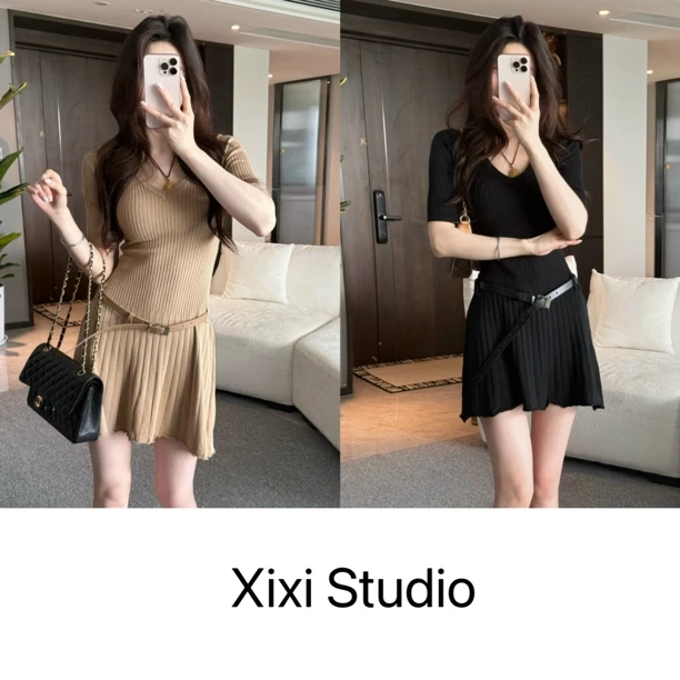 【西西】V领中袖腰带针织修身百褶连衣裙