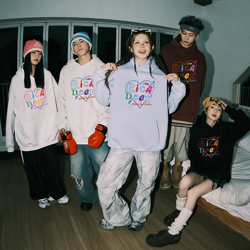 RICHDEER｜复古爱心字母连帽卫衣重磅420G外套休闲印花套头上衣
