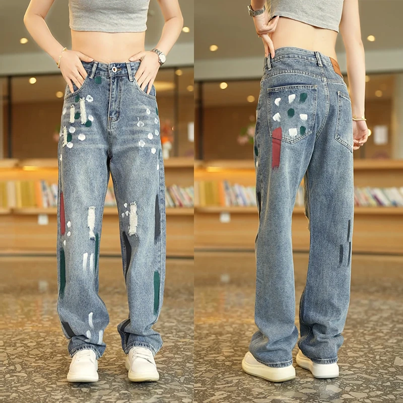 夏季潮流街头复古涂鸦撞色直筒牛仔裤男宽松美式高街阔腿拖地长裤
