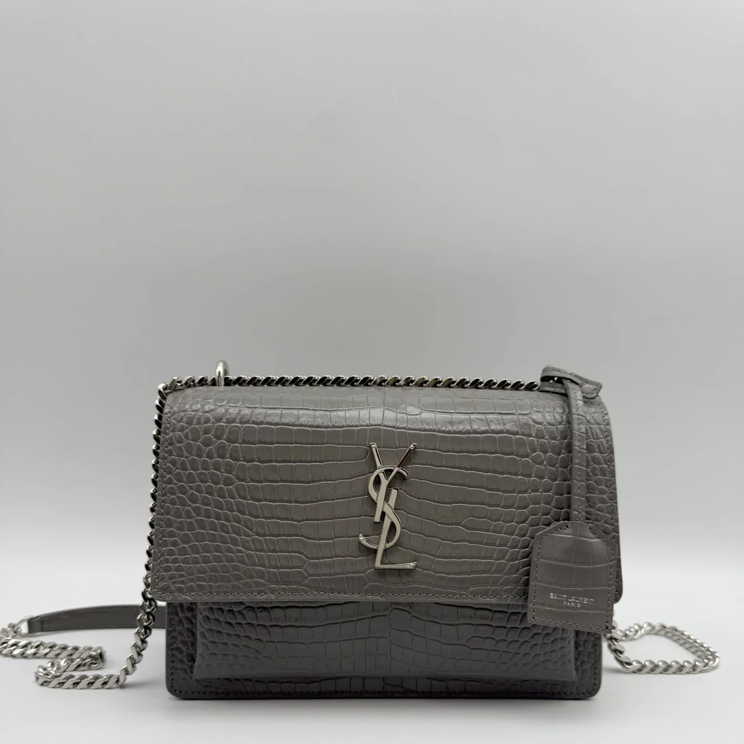 95新 YSL/圣罗兰 灰色银扣Kate日落 风琴邮差包单肩斜挎包12140