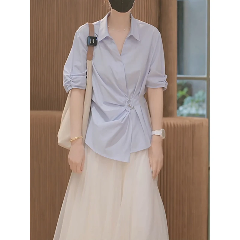 不规则V领衬衫半身裙套装女夏新款法式中袖上衣网纱中长裙两件套