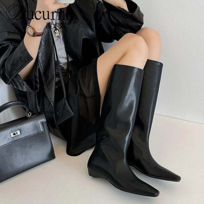 真皮法式小方头粗跟高筒骑士靴百搭宽筒平口靴不过膝黑色长筒靴女