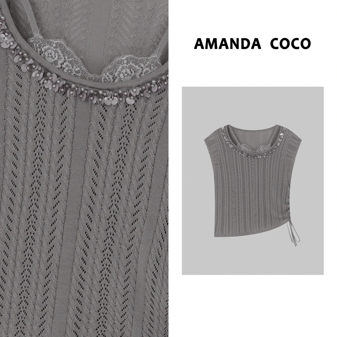 灿灿# 梦境织物～夏季薄款钉珠蕾丝吊带假两件镂空飞袖针织衫