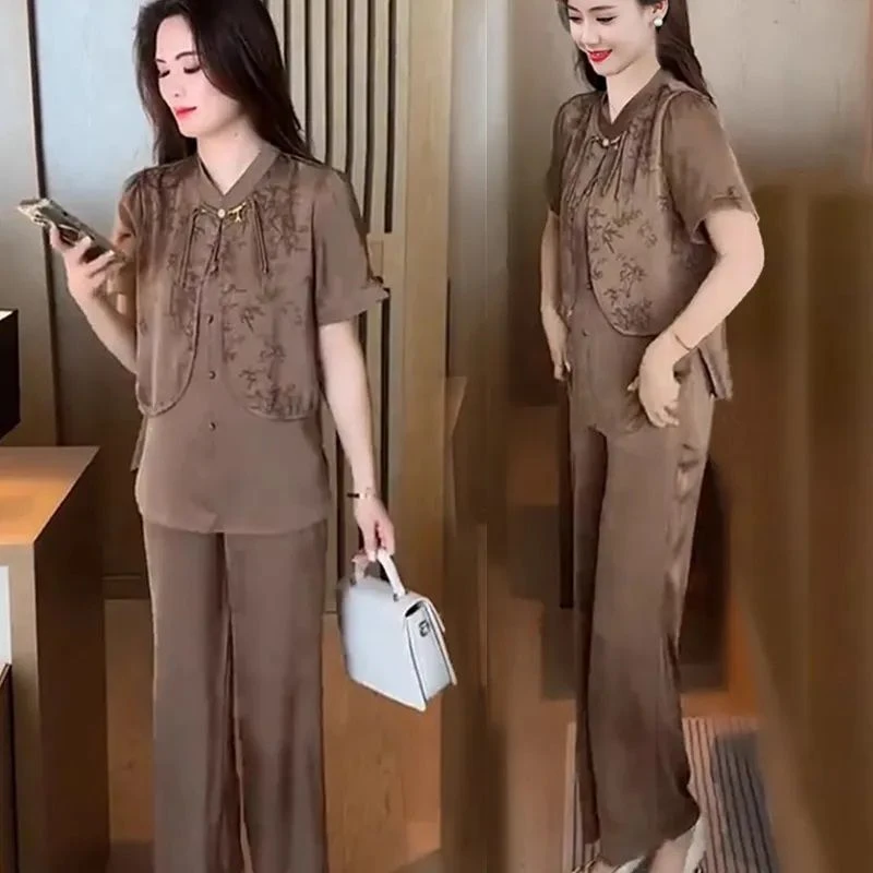 新中式时尚套装女2025夏季新款气质显瘦洋气印花衬衣阔腿裤两件套