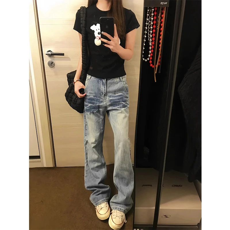 蓝色水洗闪电纹牛仔裤男夏季修身显瘦直筒微喇裤美式高街vibe裤子