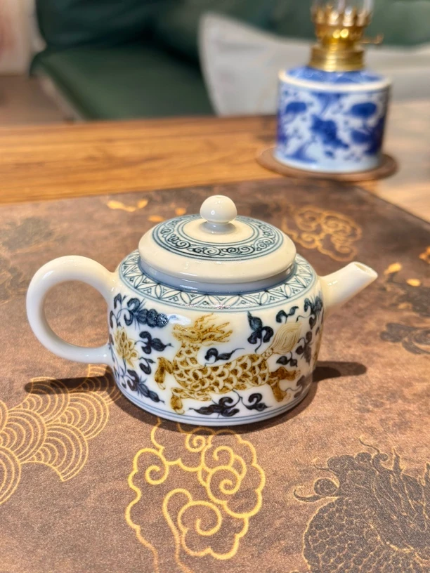 景德镇立勤堂手工手绘青花釉里金麒麟追凤凰陶瓷精美高档时尚茶壶