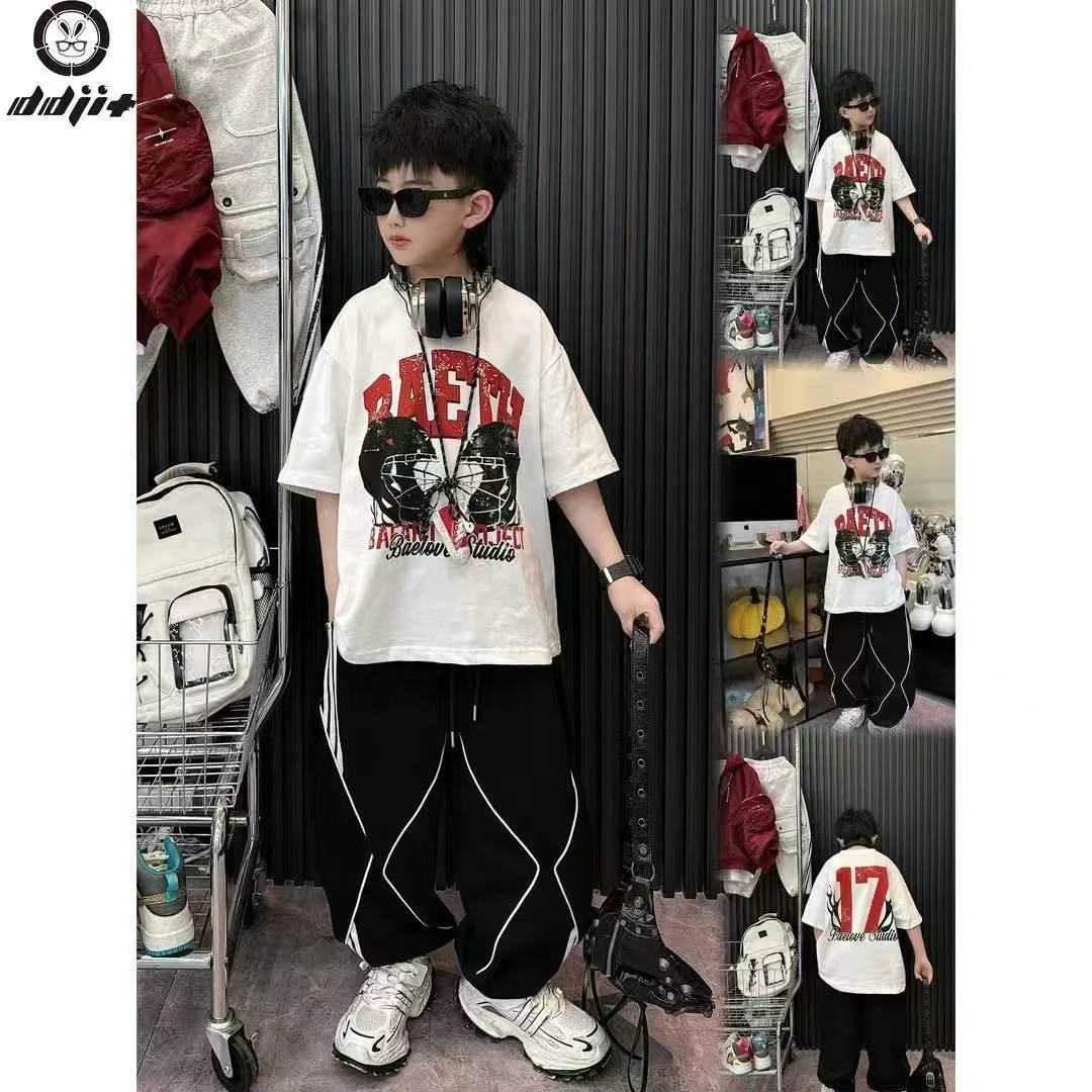 男童短袖t恤夏季2025新款中大童痞帅风男孩白色儿童纯棉体恤潮牌T