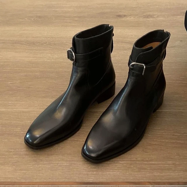 牛皮版~新秋冬英伦风格皮带扣厚跟多功能修身回头拉炼短时尚短靴