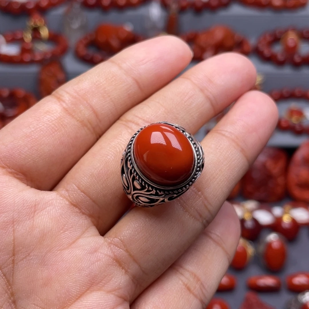 南红玛瑙银S925镶嵌珠宝奇石戒指