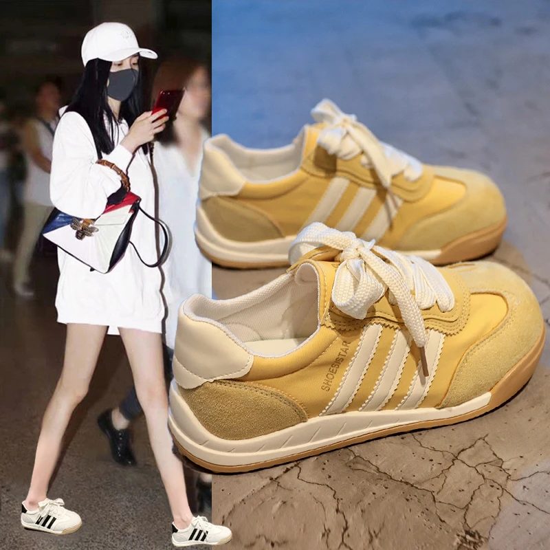 黄色德训鞋女款2025新款夏季薄款百搭休闲板鞋复古小白鞋子阿甘鞋