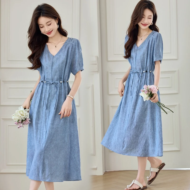 棉麻连衣裙女夏季轻奢高级感文艺复古收腰遮肚子显瘦亚麻裙子818