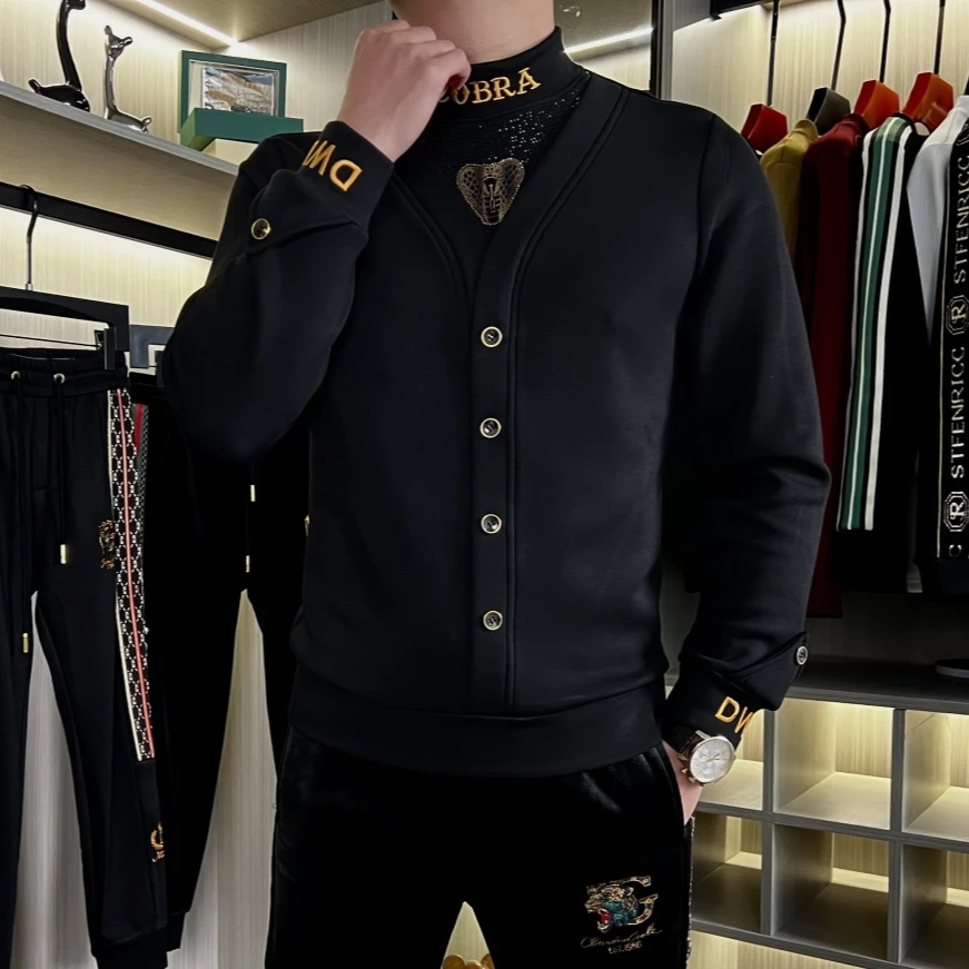 男士2024年冬季加绒新款潮流修身刺绣长袖假两件男款爆款2024新款